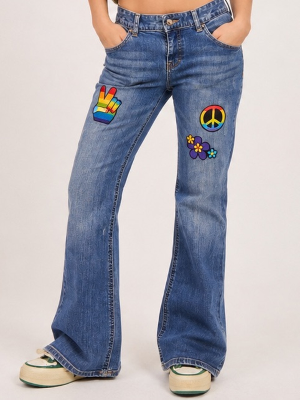 Mossimo Blue Flare 70’s Retro Y2K Streetwear Rainbow Peace & Flower Patches 12S